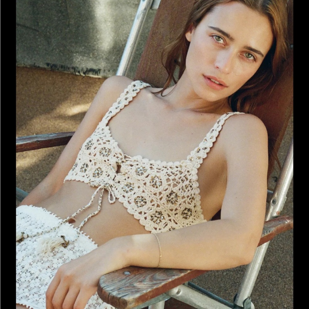 Zara brand new limited edition cotton Crochet beaded Crop Top